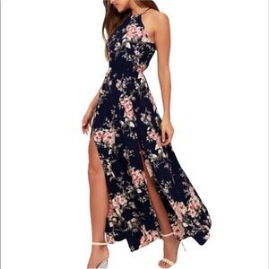 NWT Lulus Feel the Music Floral Halter Dress Navy Antique Floral Small